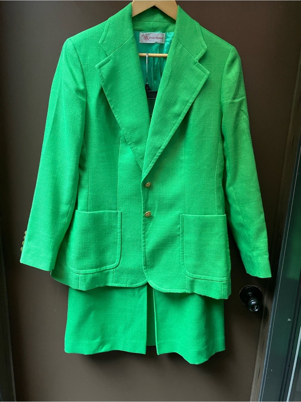 Evan Picone women’s 2 piece Jacket Skirt Set Tailored linen vintage Green M